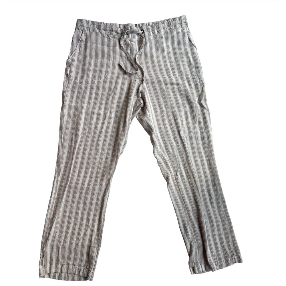 Per Se Linen Blend Striped Drawstring Pants Tan White Straight Leg Womens L